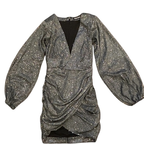 Babyboo Estelle Black Sparkly Mini Dress Long Bishop Sleeves Size Extra Small - Picture 3 of 11